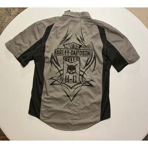 Harley Davidson Mens Grey Black Willie G Skull Snap Button Shirt L Grunge